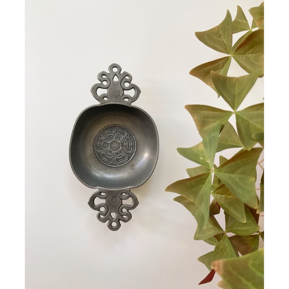 Antique Dutch pewter porringer bowl with floral motif early European tableware